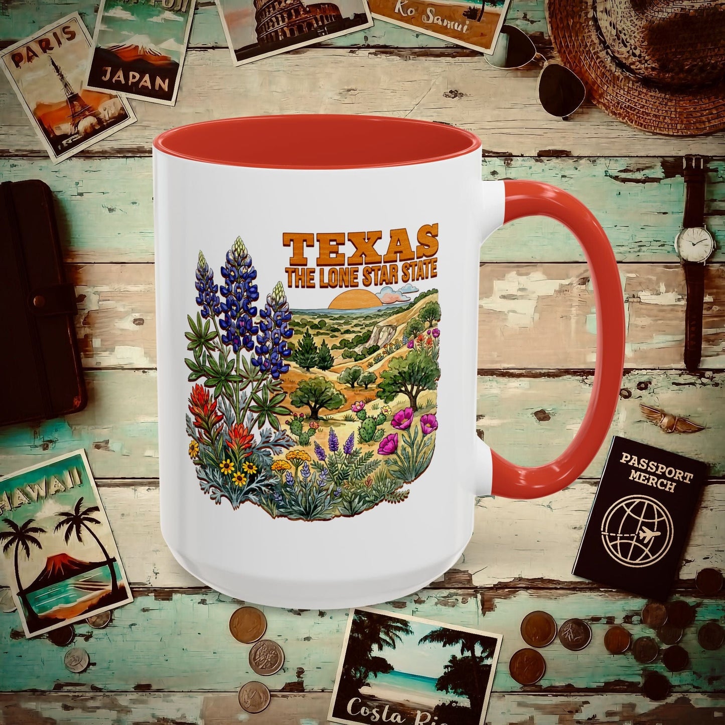 Texas Flowers in Watercolored Oak 15oz Mug Red / 15oz