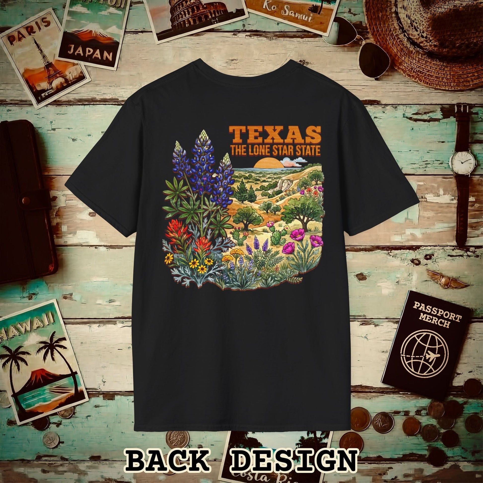 Texas Flowers in Watercolored Oak Back Print T-Shirt Black / S