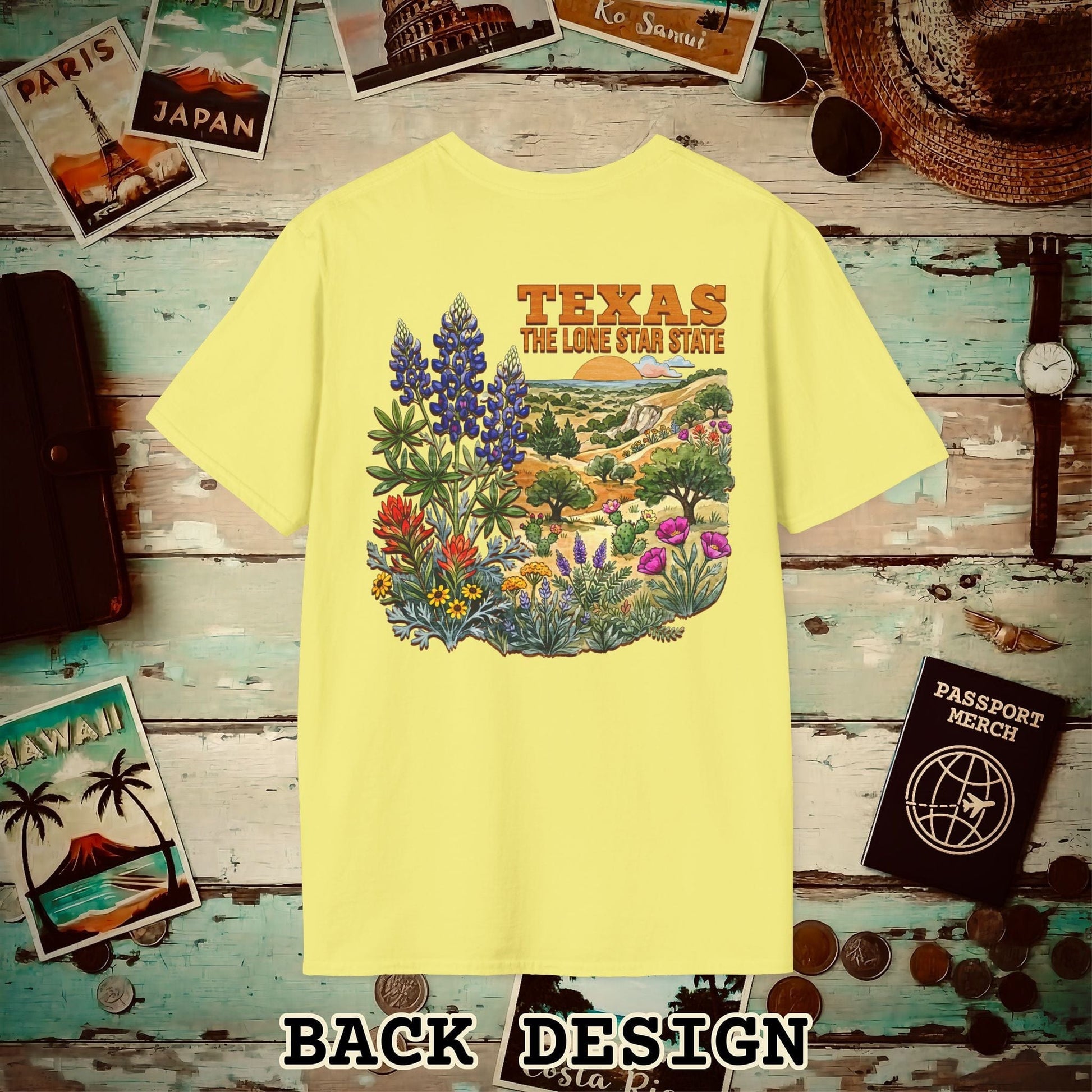 Texas Flowers in Watercolored Oak Back Print T-Shirt Cornsilk / S
