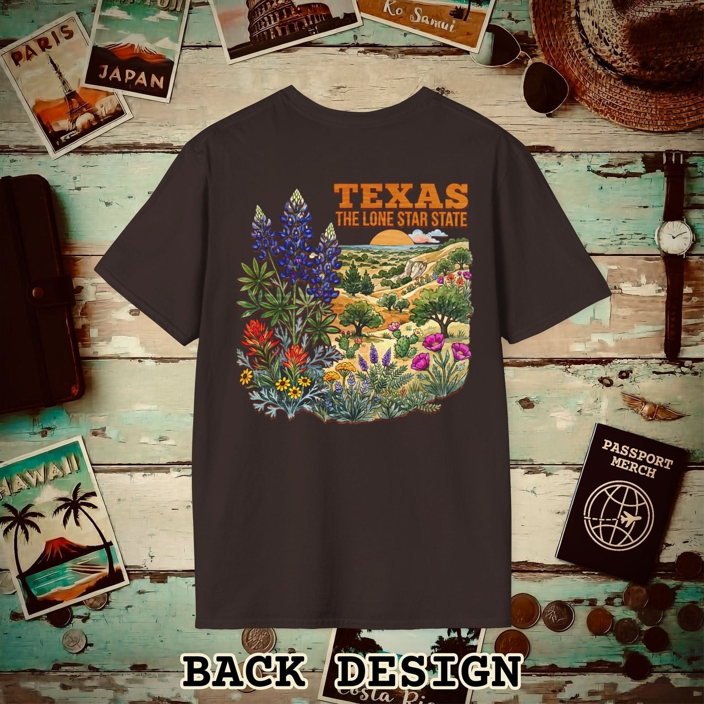 Texas Flowers in Watercolored Oak Back Print T-Shirt Dark Chocolate / S