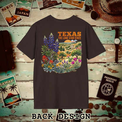 Texas Flowers in Watercolored Oak Back Print T-Shirt Dark Chocolate / S