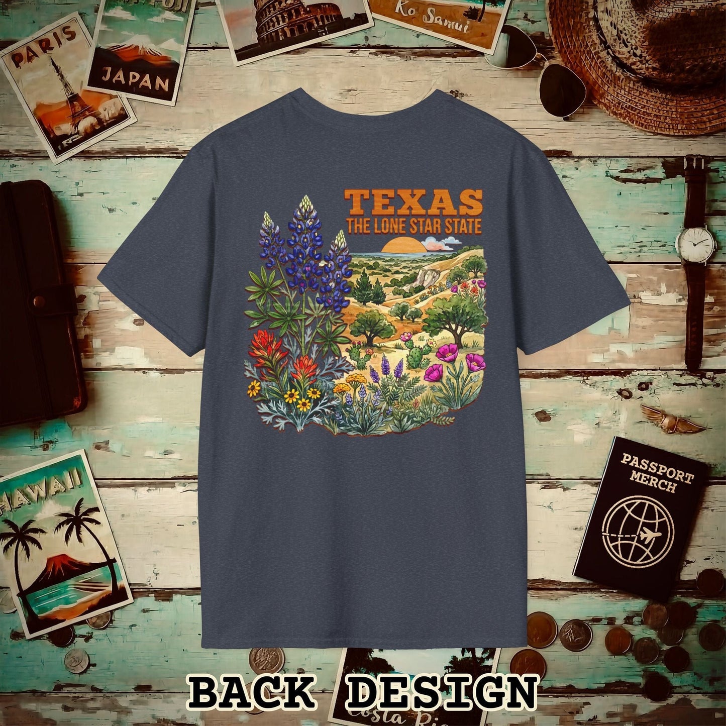 Texas Flowers in Watercolored Oak Back Print T-Shirt Heather Navy / S