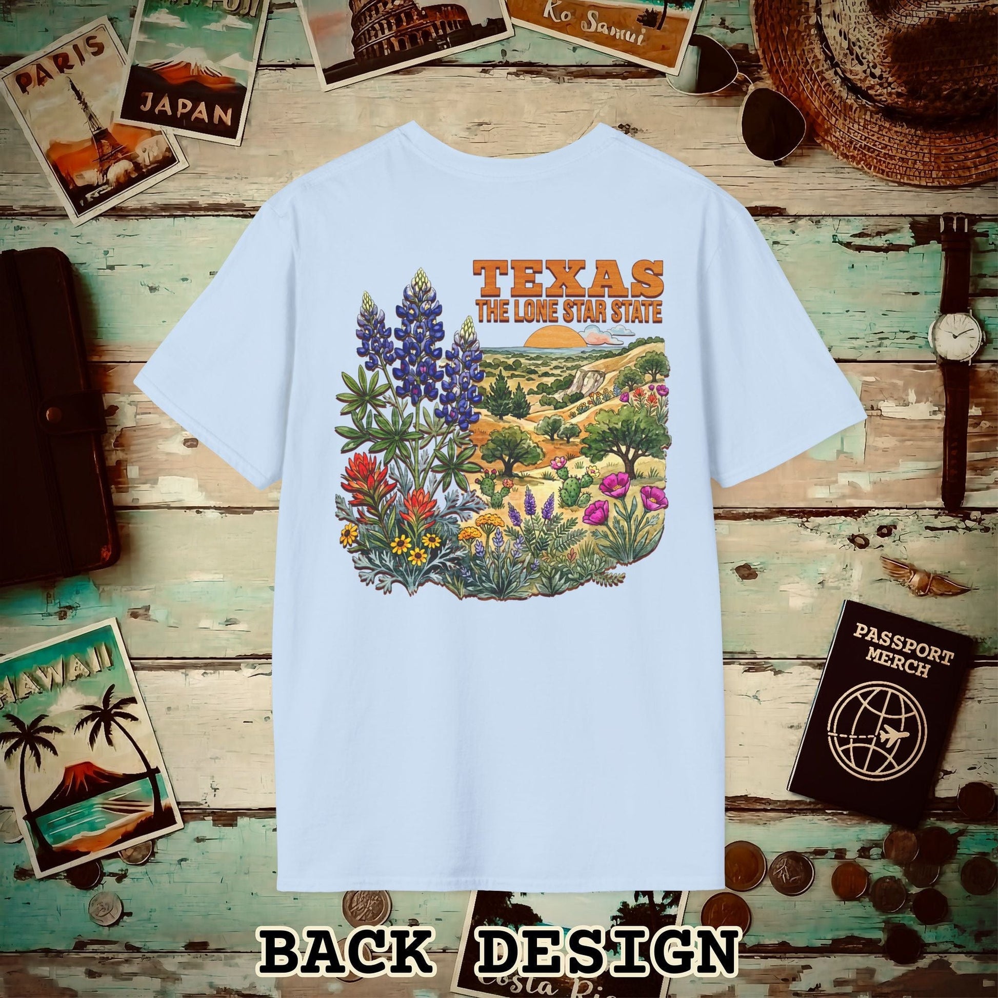 Texas Flowers in Watercolored Oak Back Print T-Shirt Light Blue / S