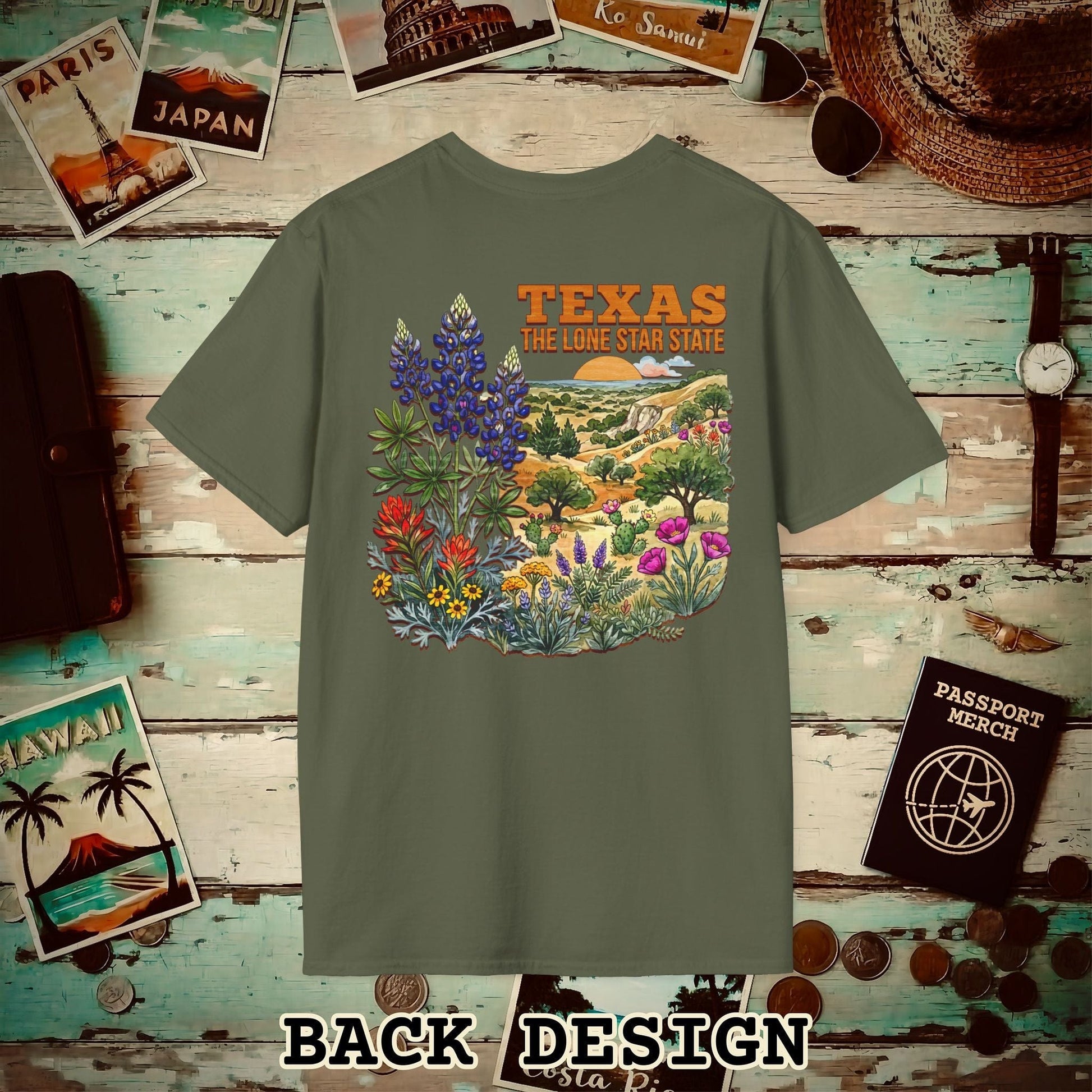 Texas Flowers in Watercolored Oak Back Print T-Shirt Military Green / S