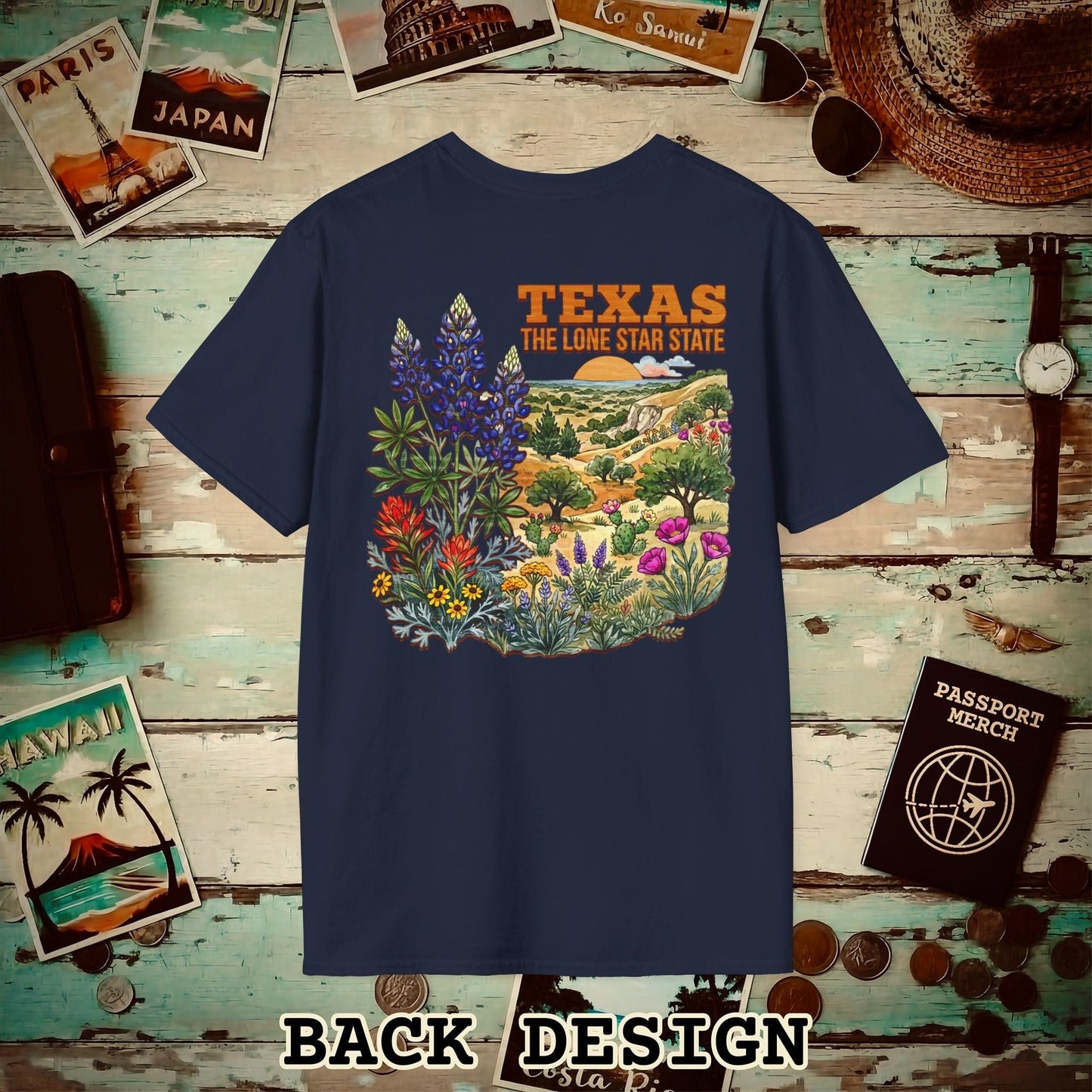 Texas Flowers in Watercolored Oak Back Print T-Shirt Navy / S