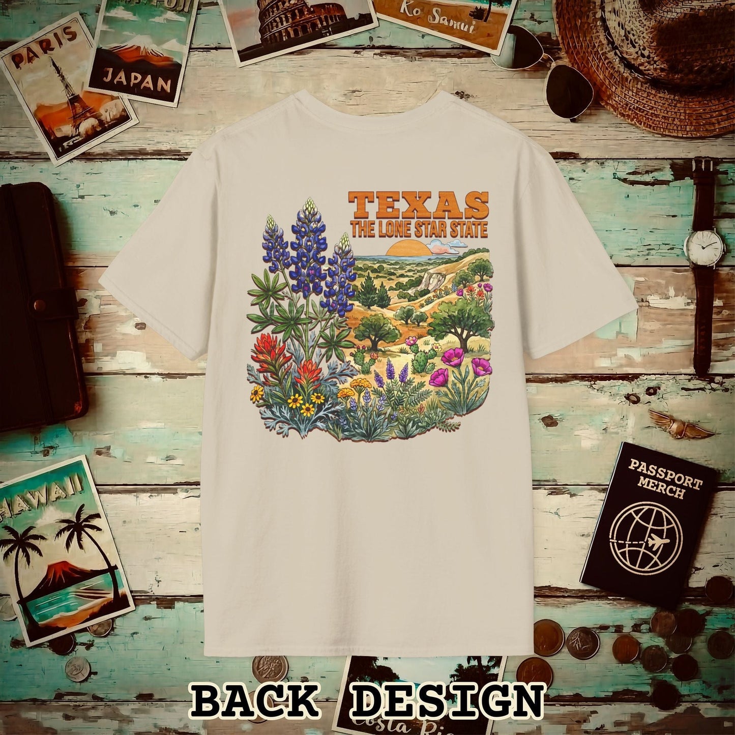 Texas Flowers in Watercolored Oak Back Print T-Shirt Sand / S