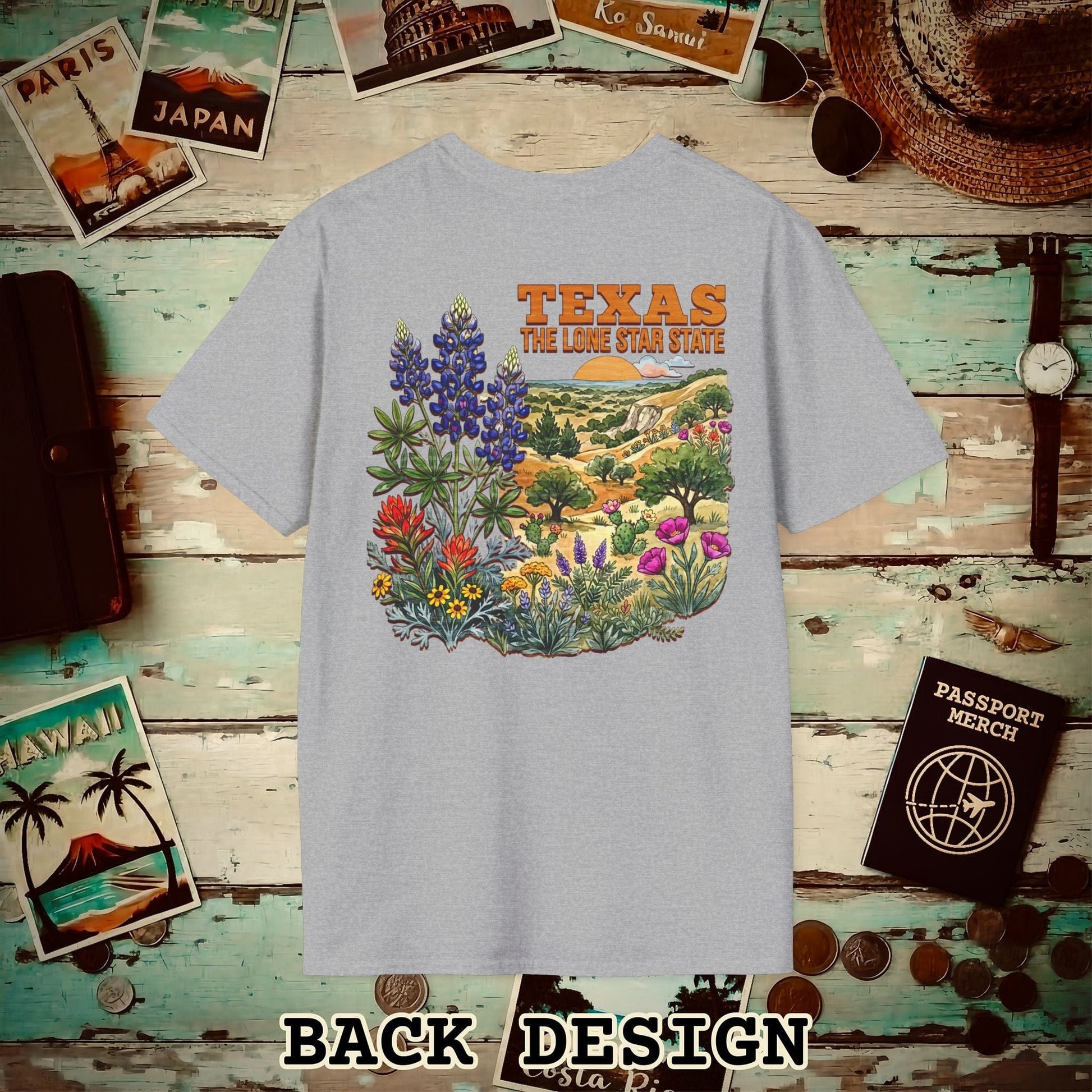 Texas Flowers in Watercolored Oak Back Print T-Shirt Sport Grey / S