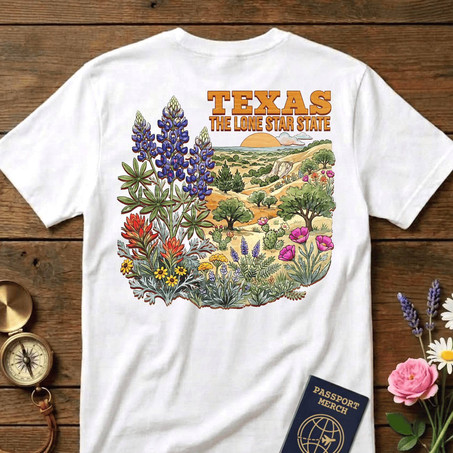 Texas Flowers in Watercolored Oak Back Print T-Shirt White / S