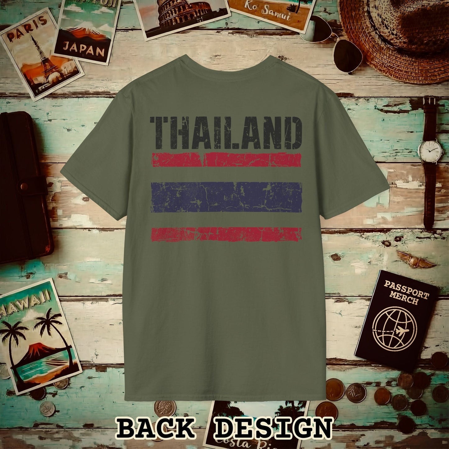 Thailand Vintage Flag Back Print T-Shirt Military Green / S