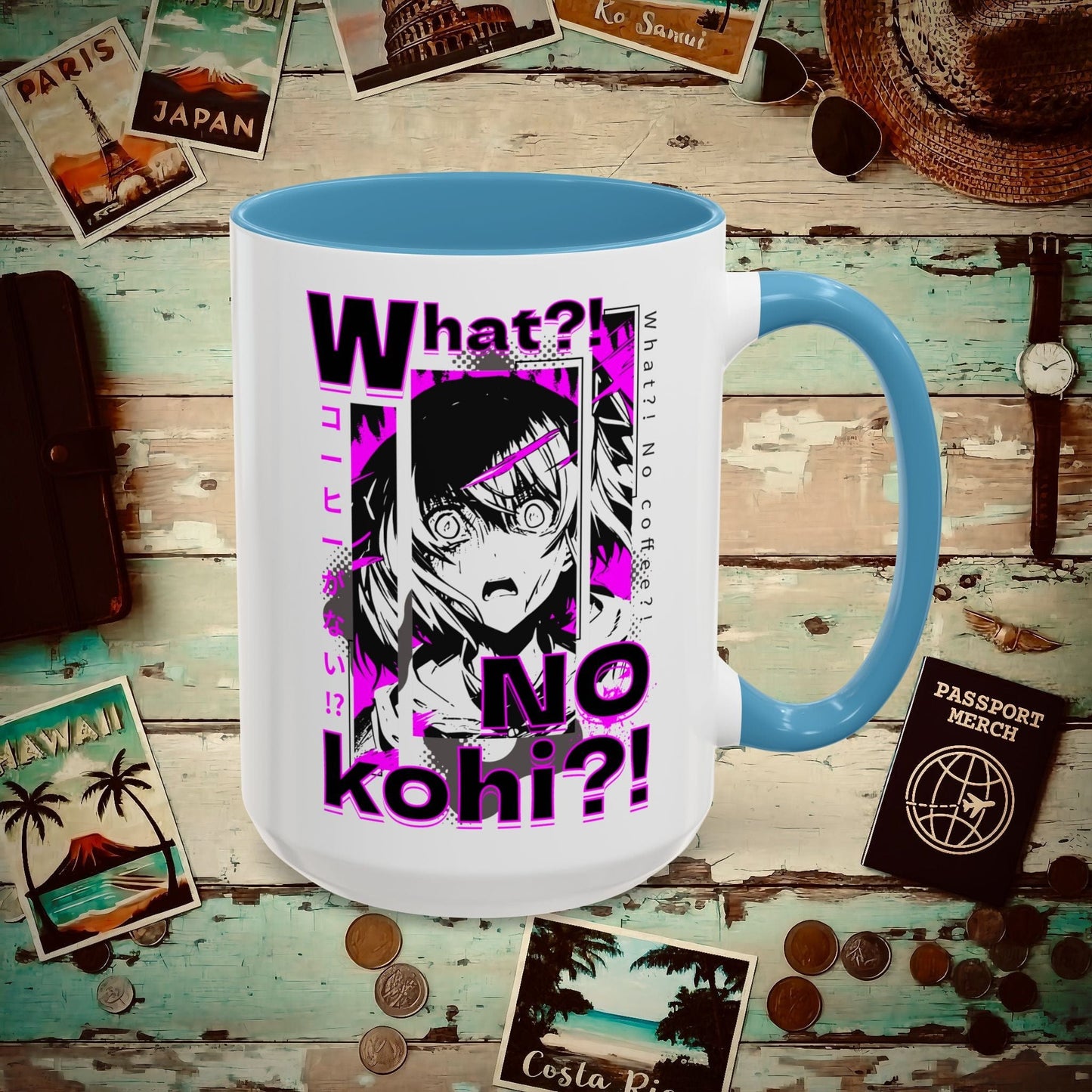 The "What?! No kohi?!" Anime Terror Face Japan 15oz Mug Light Blue / 15oz