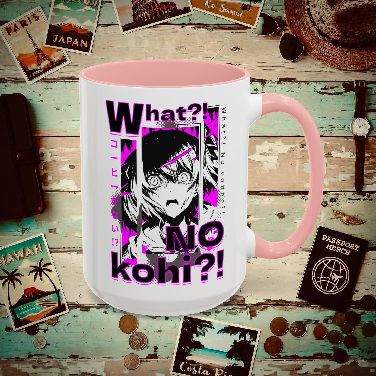 The "What?! No kohi?!" Anime Terror Face Japan 15oz Mug Pink / 15oz