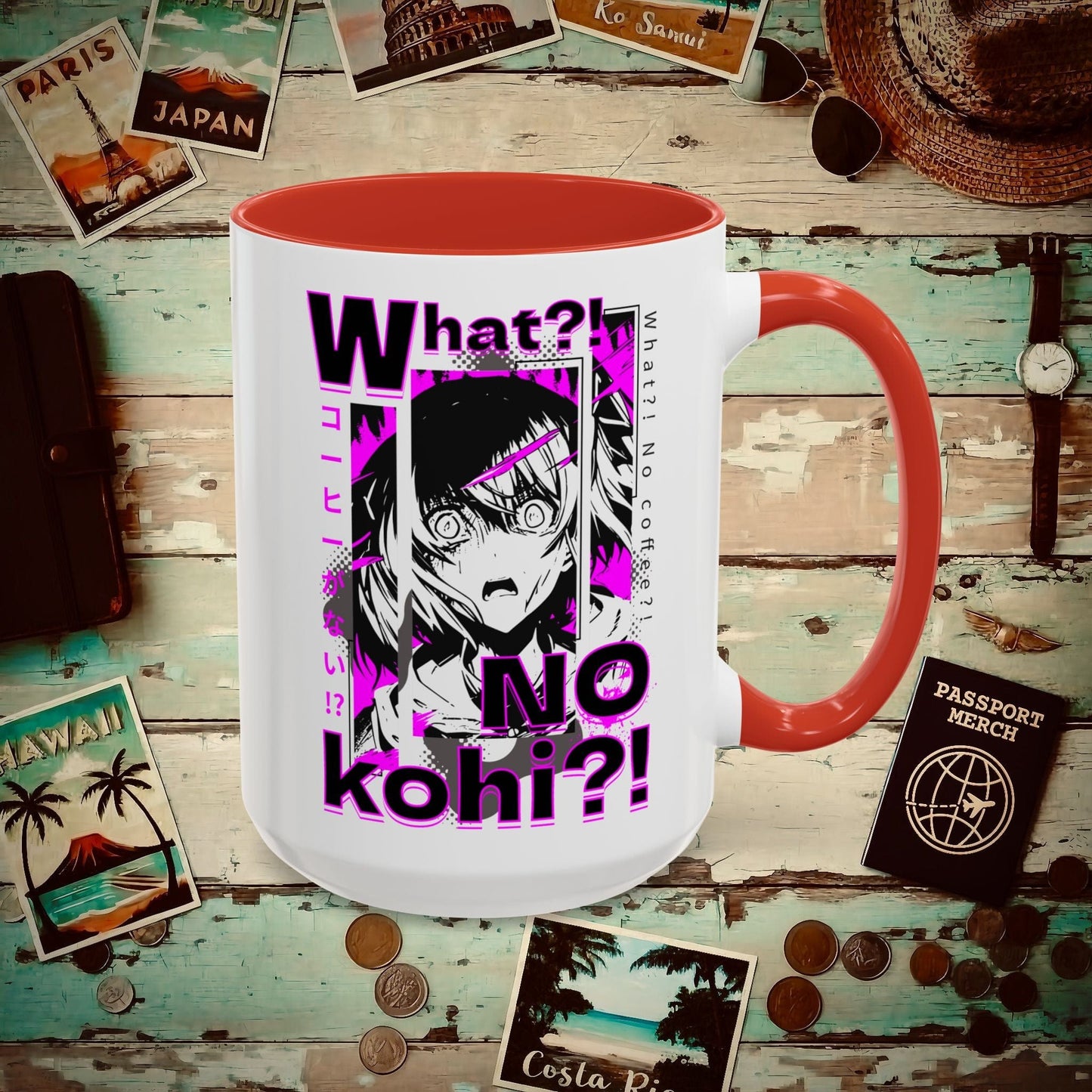 The "What?! No kohi?!" Anime Terror Face Japan 15oz Mug Red / 15oz