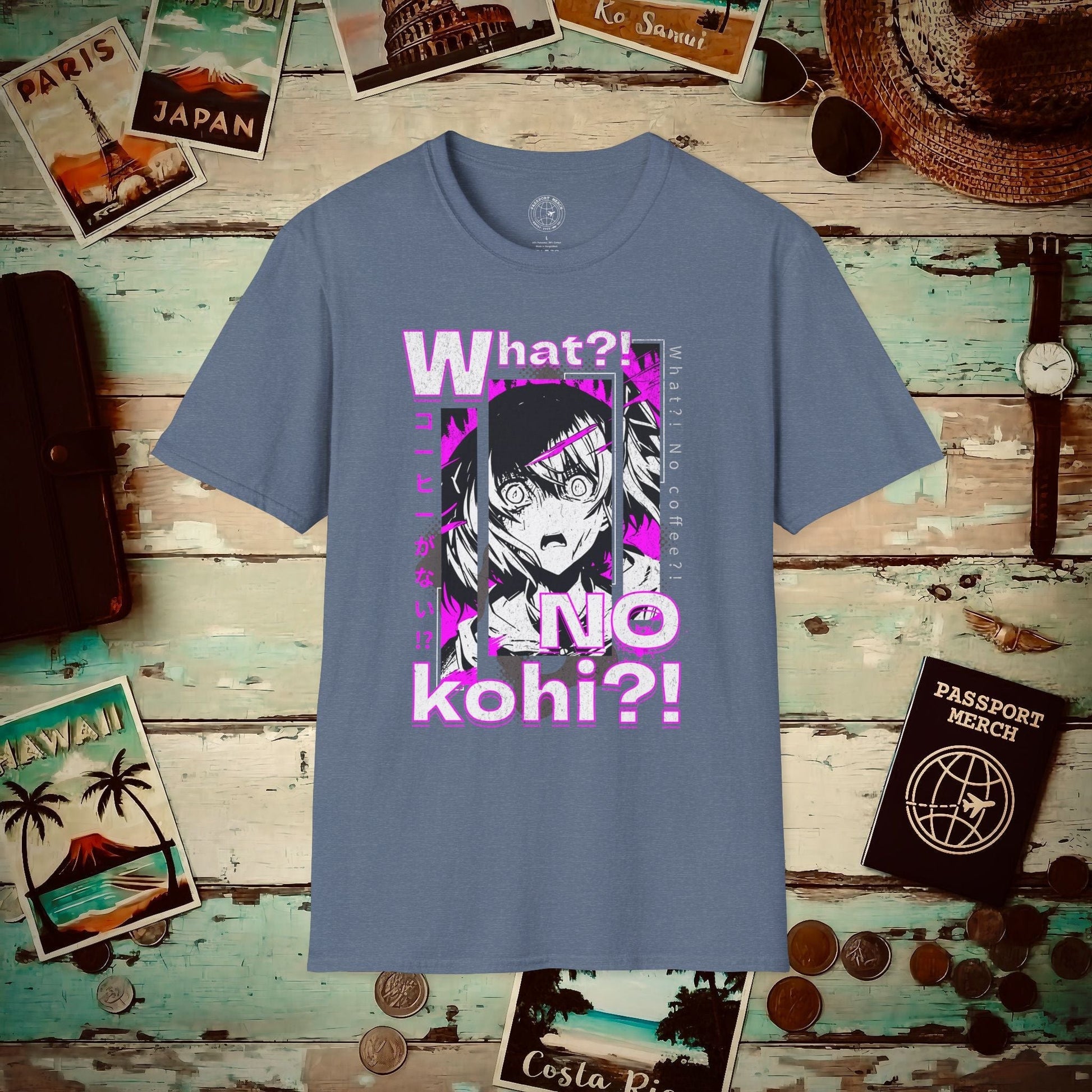 The "What?! No kohi?!" Anime Terror Face Japan T-Shirt Heather Indigo / S