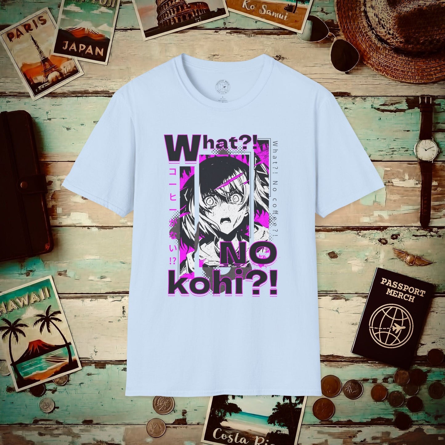The "What?! No kohi?!" Anime Terror Face Japan T-Shirt Light Blue / S