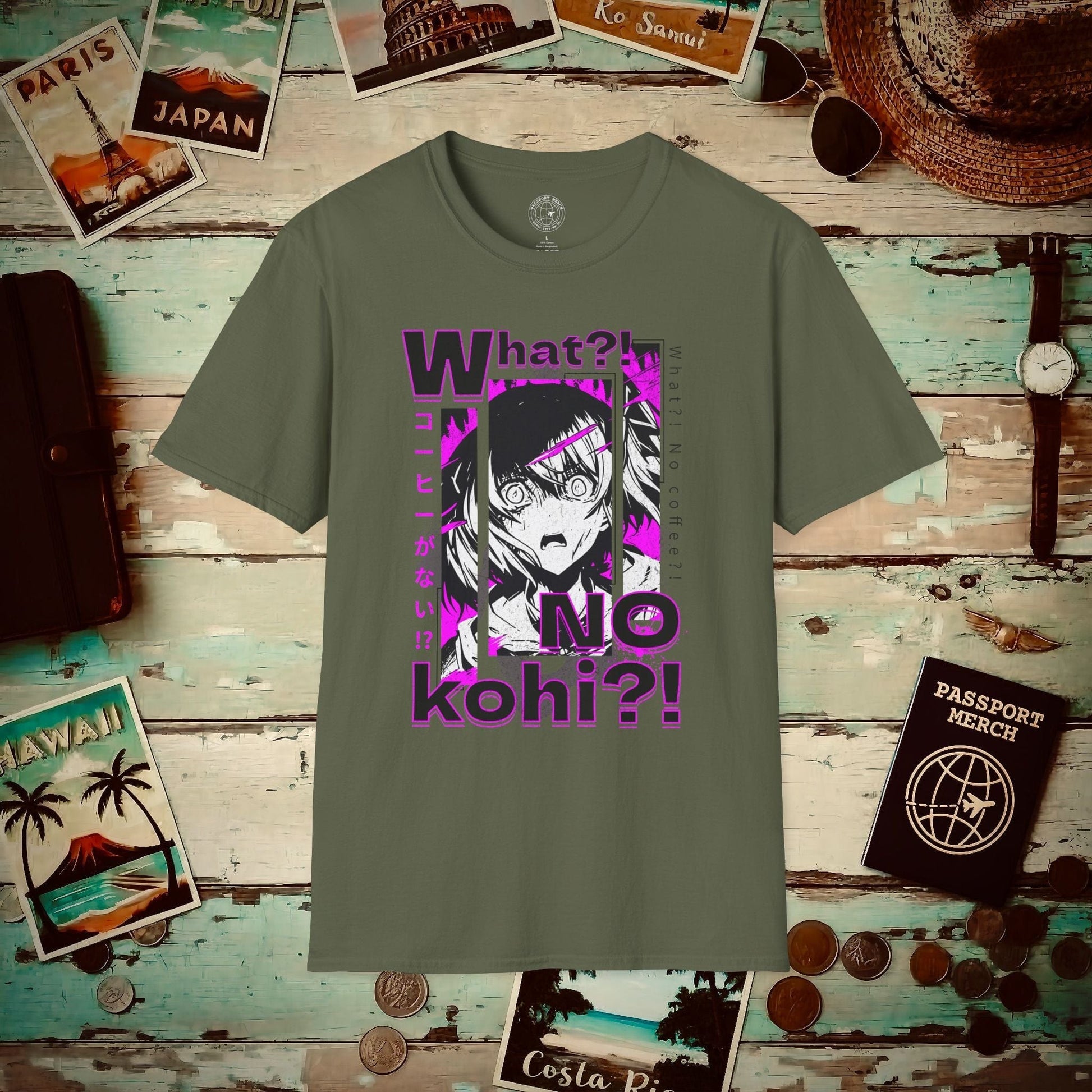 The "What?! No kohi?!" Anime Terror Face Japan T-Shirt Military Green / S