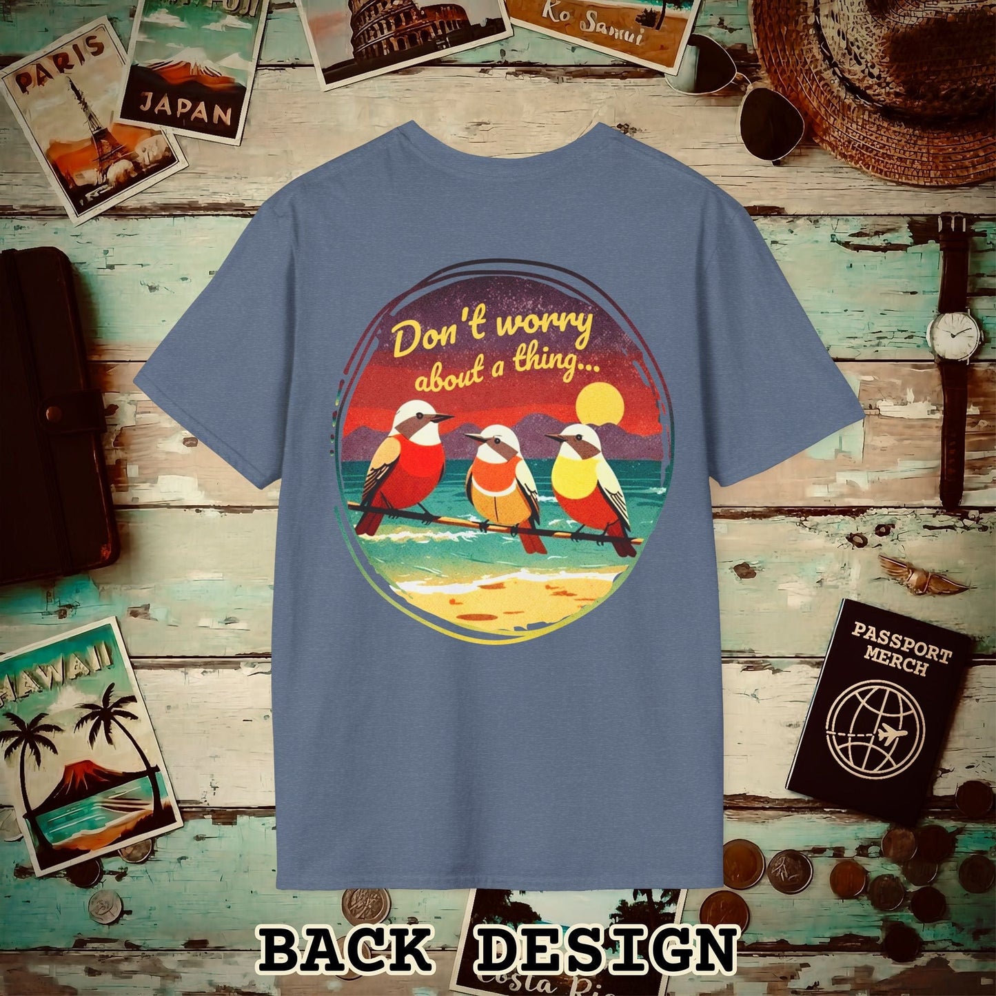 Three Little Birds, Jamaica, Back Print T-Shirt Heather Indigo / S