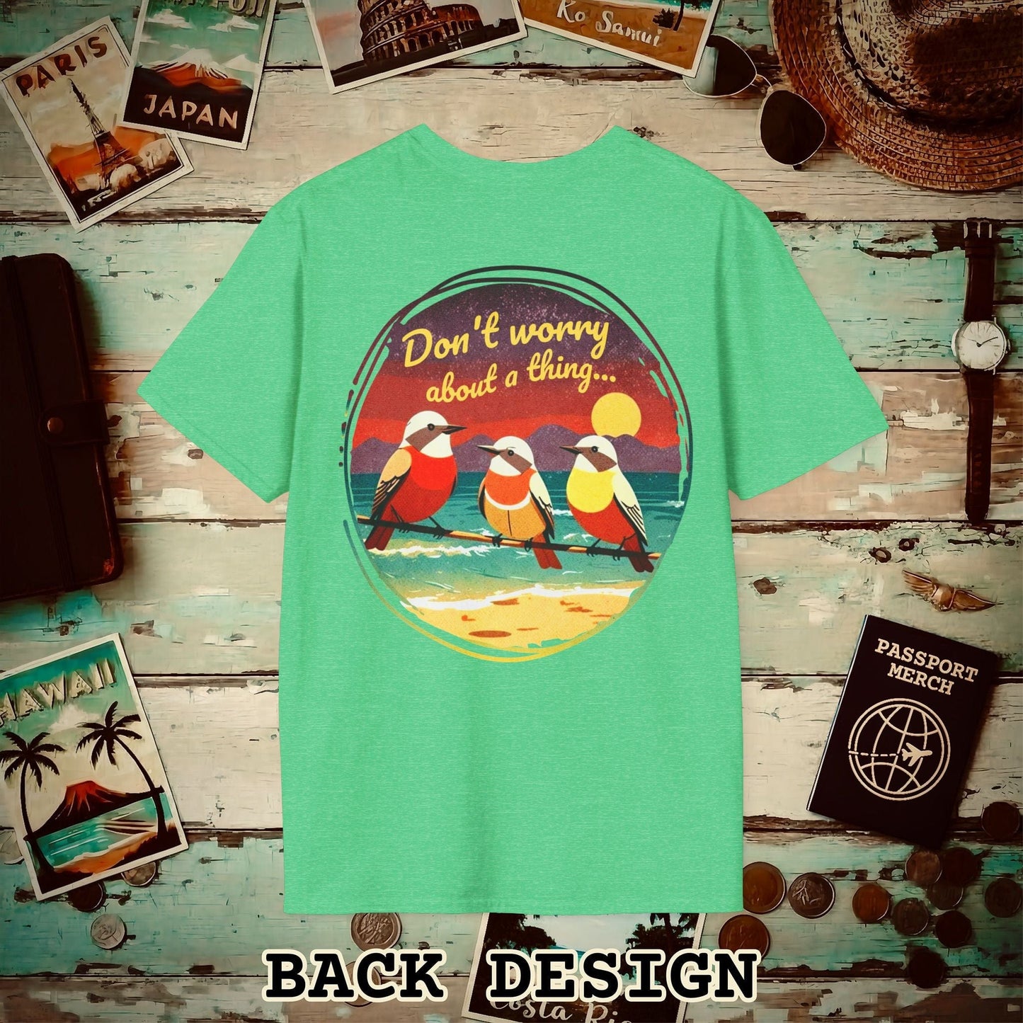 Three Little Birds, Jamaica, Back Print T-Shirt Heather Irish Green / S