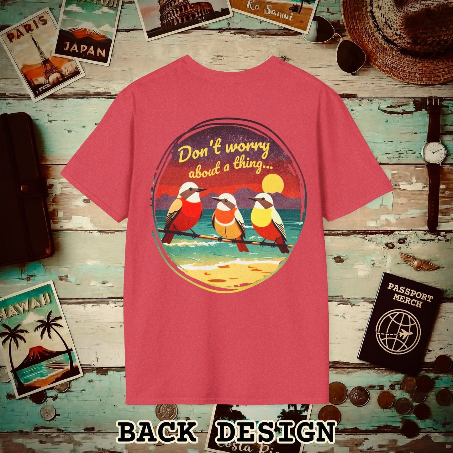 Three Little Birds, Jamaica, Back Print T-Shirt Heather Red / S