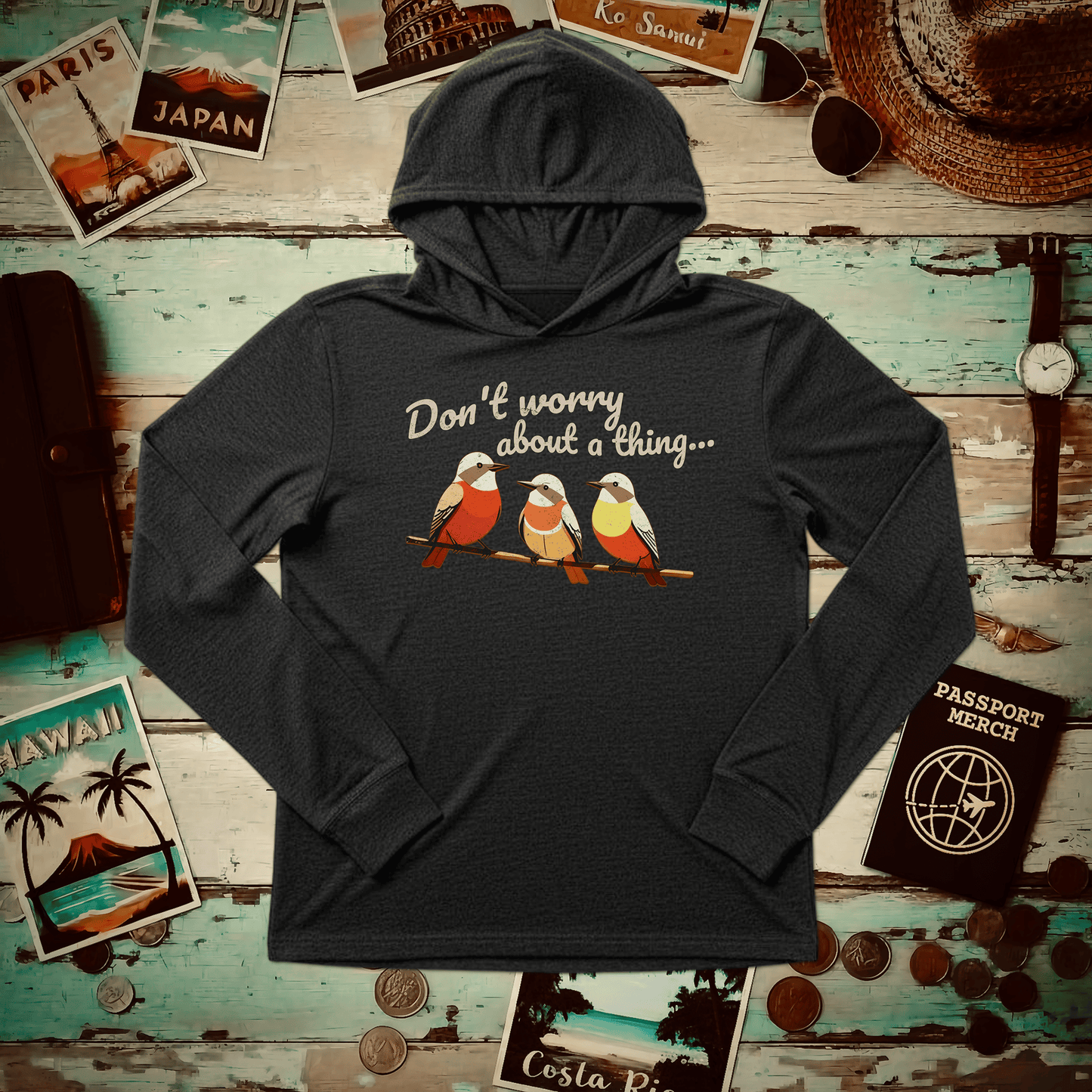 Three Little Birds, Jamaica Hooded Long Sleeve Charcoal Black TriBlend / XS
