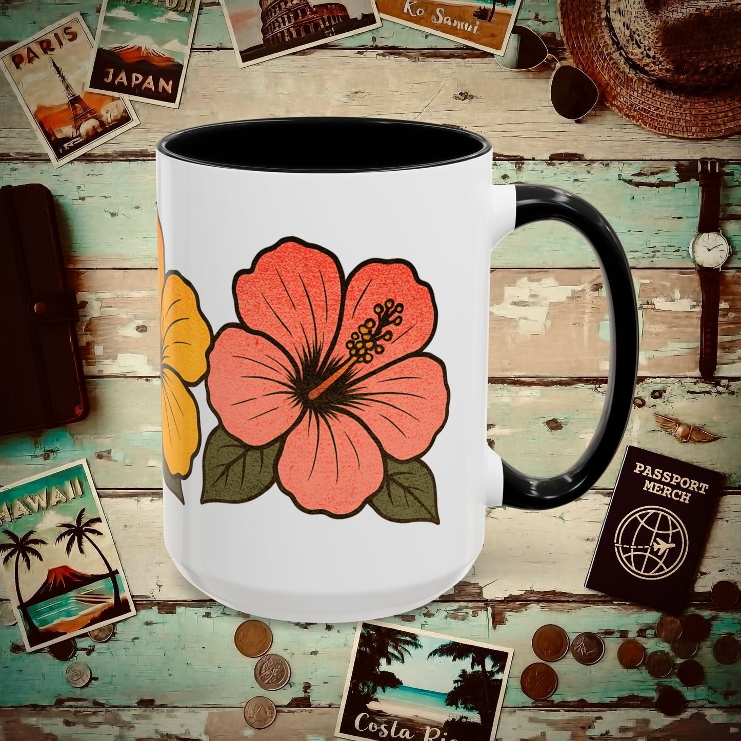 Three Vintage Hibiscus, Hawaii 15oz Mug 15oz / Black