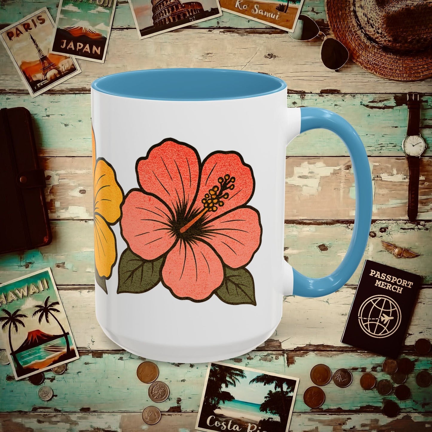 Three Vintage Hibiscus, Hawaii 15oz Mug 15oz / Light Blue