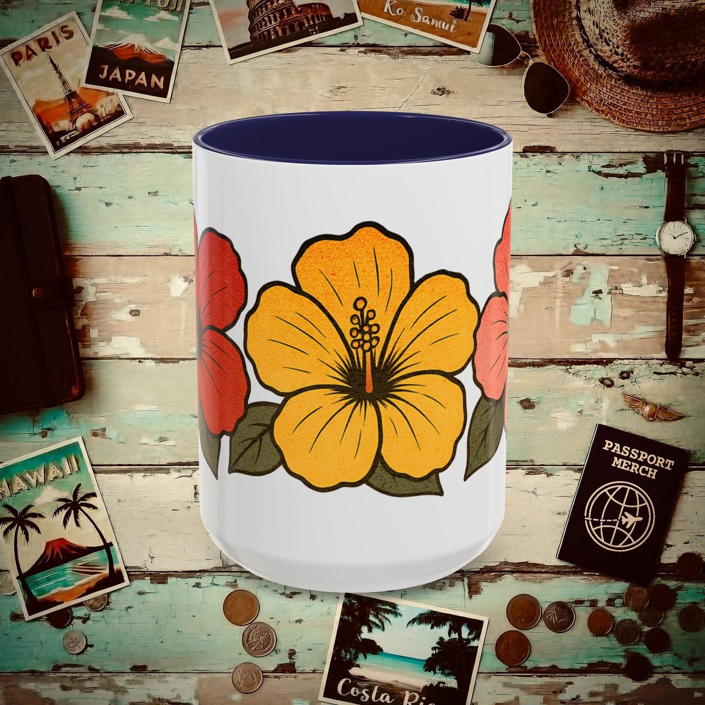 Three Vintage Hibiscus, Hawaii 15oz Mug 15oz / Navy