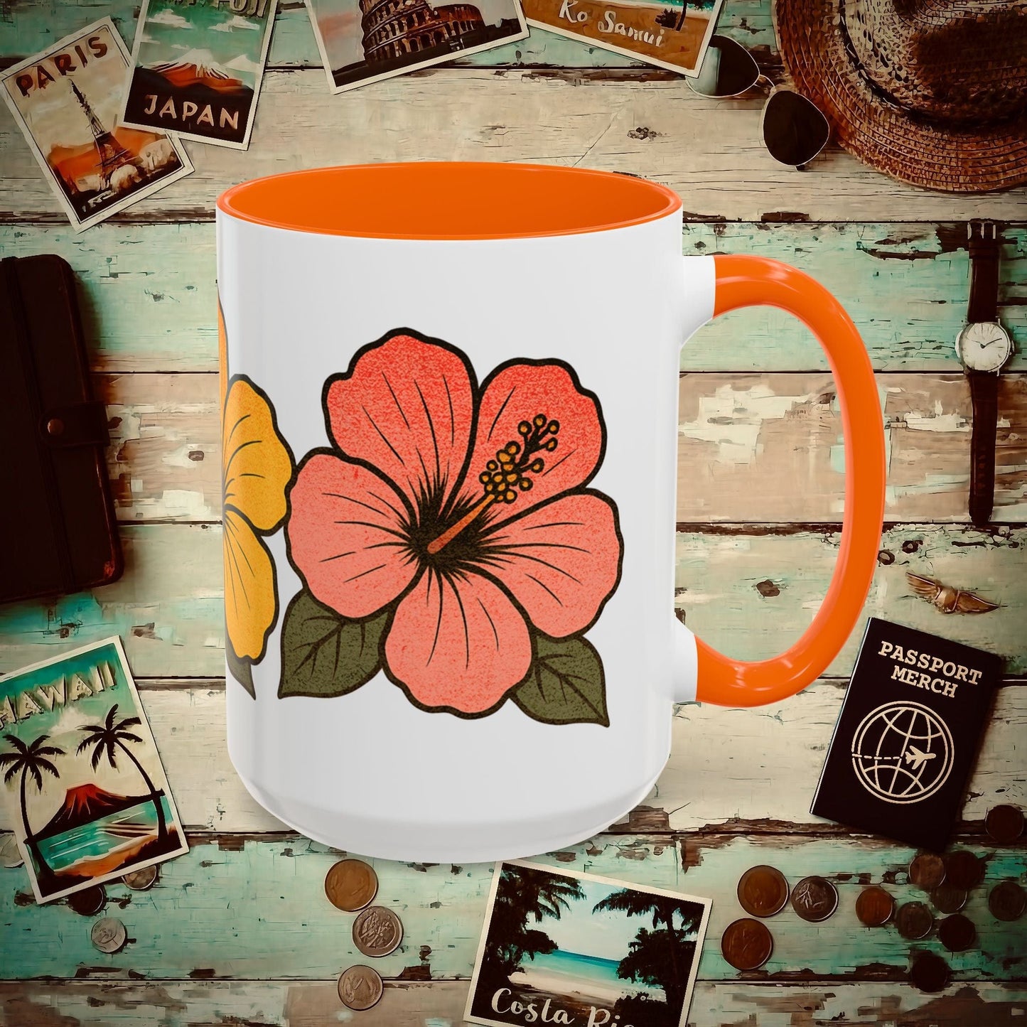 Three Vintage Hibiscus, Hawaii 15oz Mug 15oz / Orange