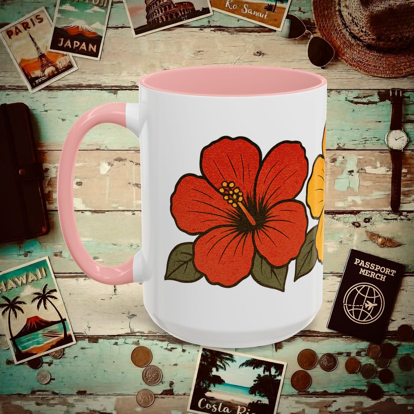 Three Vintage Hibiscus, Hawaii 15oz Mug 15oz / Pink