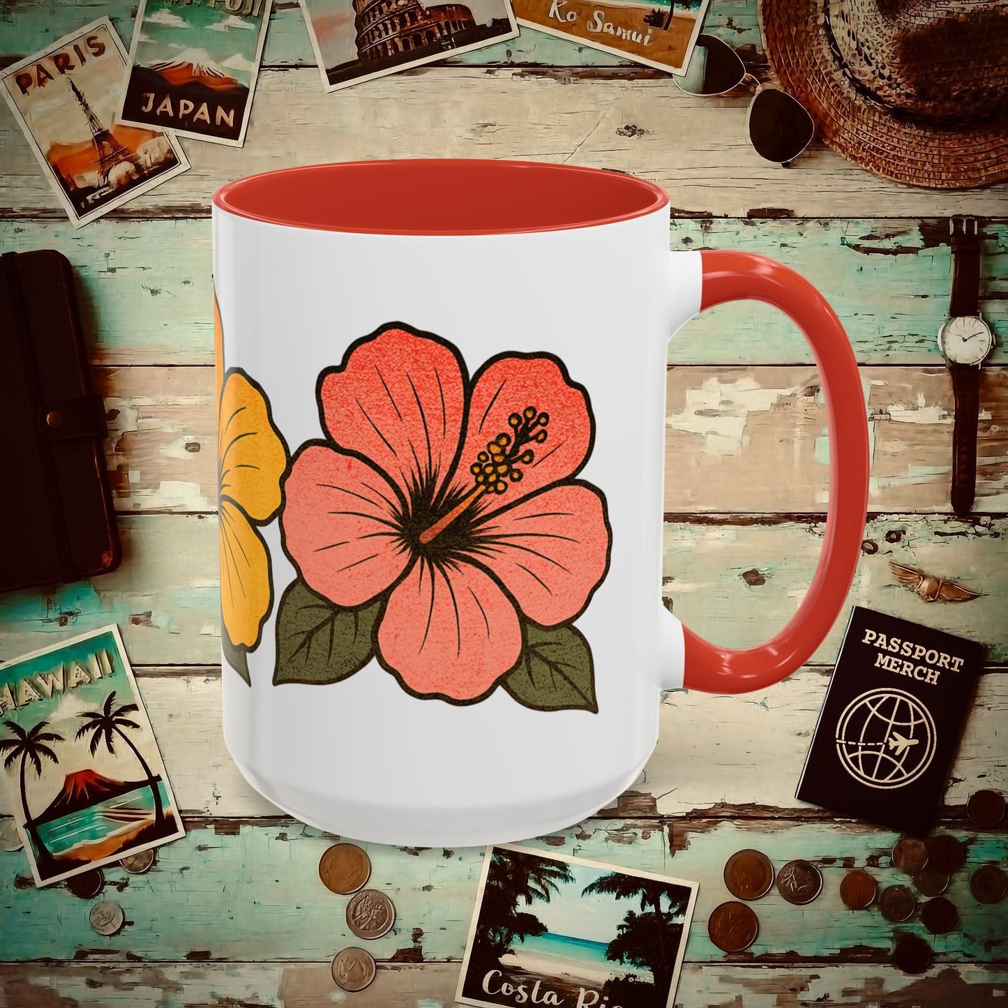 Three Vintage Hibiscus, Hawaii 15oz Mug 15oz / Red