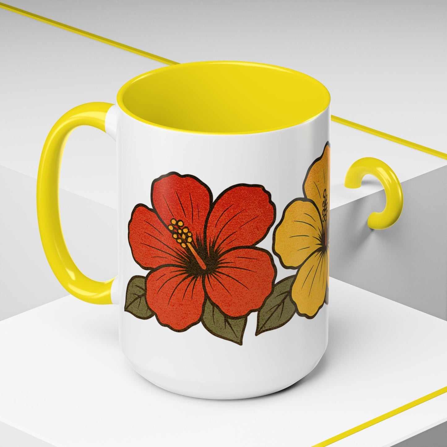 Three Vintage Hibiscus, Hawaii 15oz Mug 15oz / Yellow
