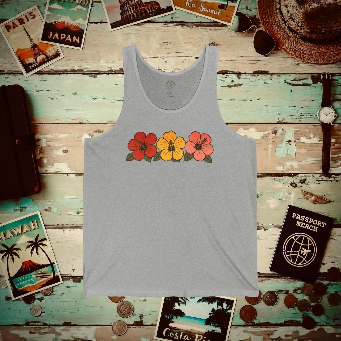 Three Vintage Hibiscus, Hawaii, Hawaii Tank Top Athletic Heather / XS