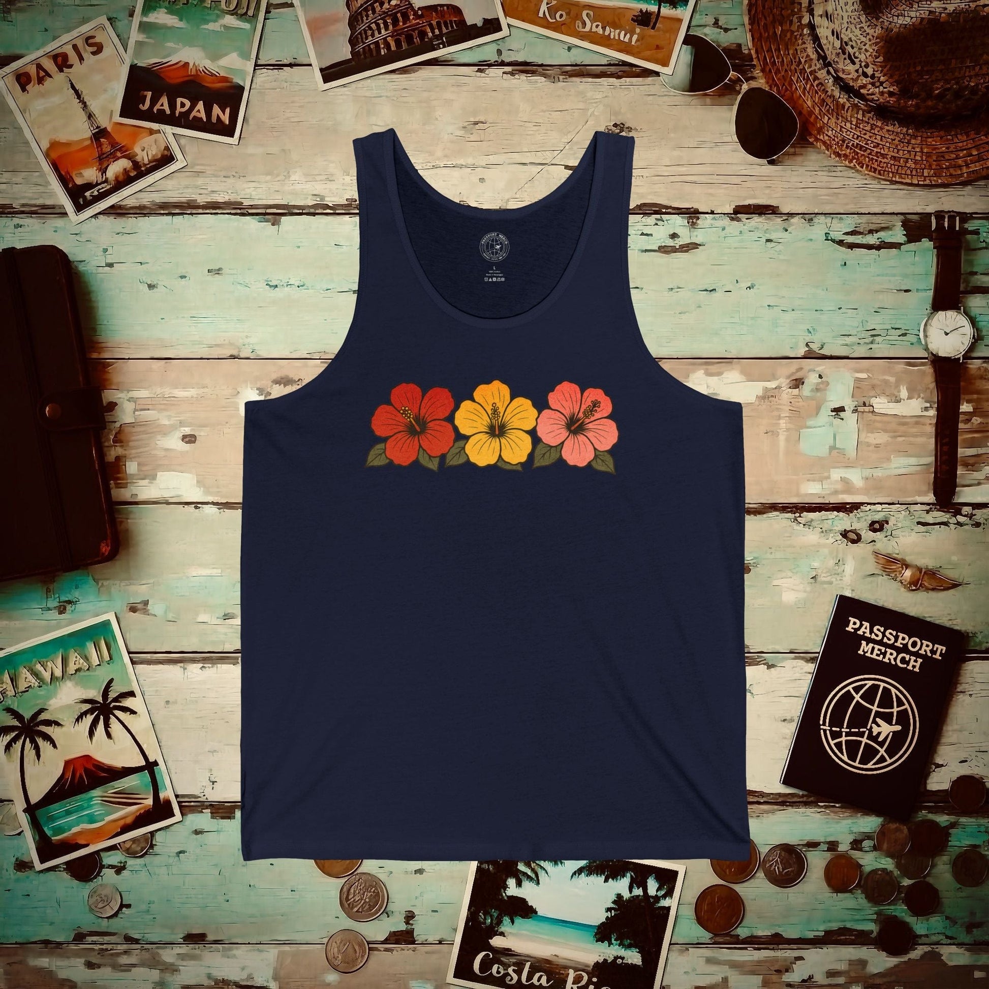 Three Vintage Hibiscus, Hawaii, Hawaii Tank Top Navy / XS