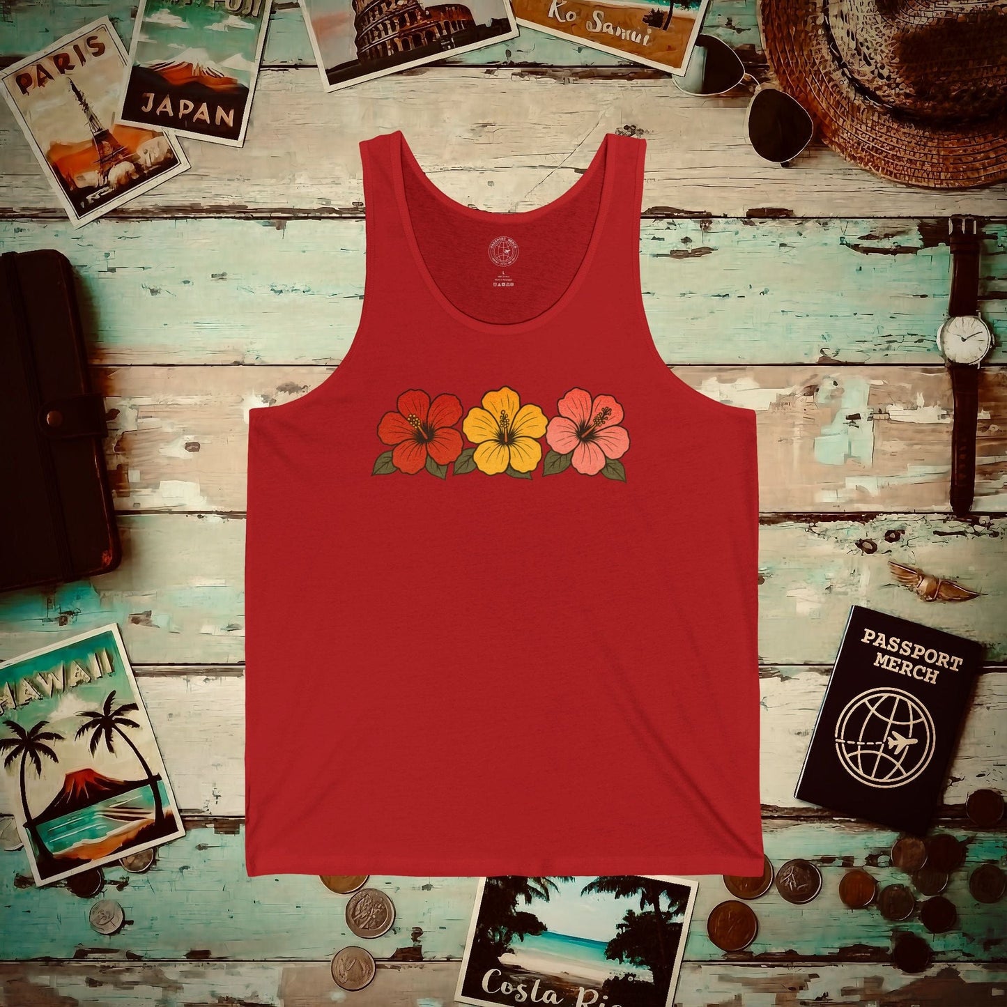 Three Vintage Hibiscus, Hawaii, Hawaii Tank Top Red / XS