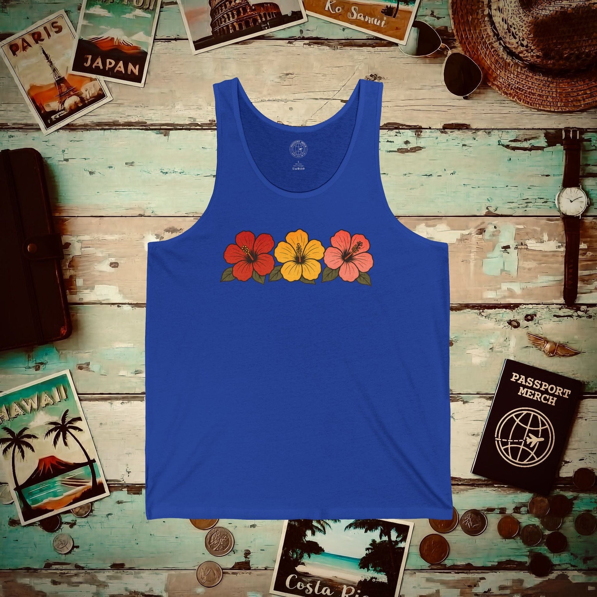 Three Vintage Hibiscus, Hawaii, Hawaii Tank Top True Royal / XS