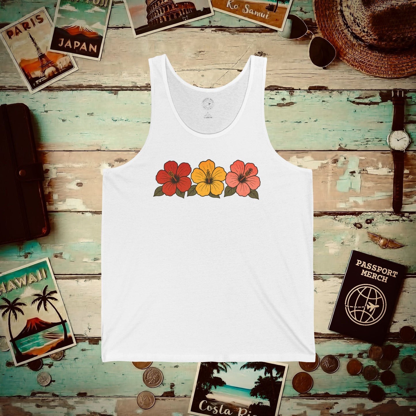 Three Vintage Hibiscus, Hawaii, Hawaii Tank Top White / XS