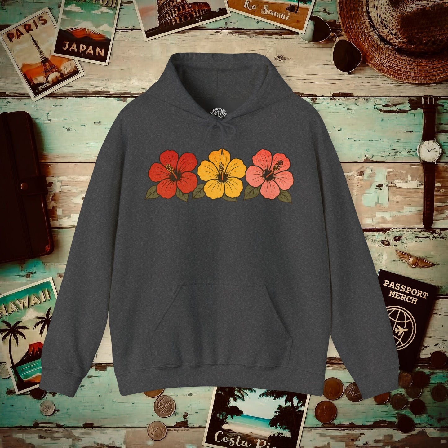 Three Vintage Hibiscus, Hawaii Hoodie Dark Heather / S