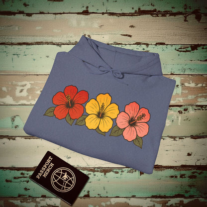 Three Vintage Hibiscus, Hawaii Hoodie Heather Navy / S