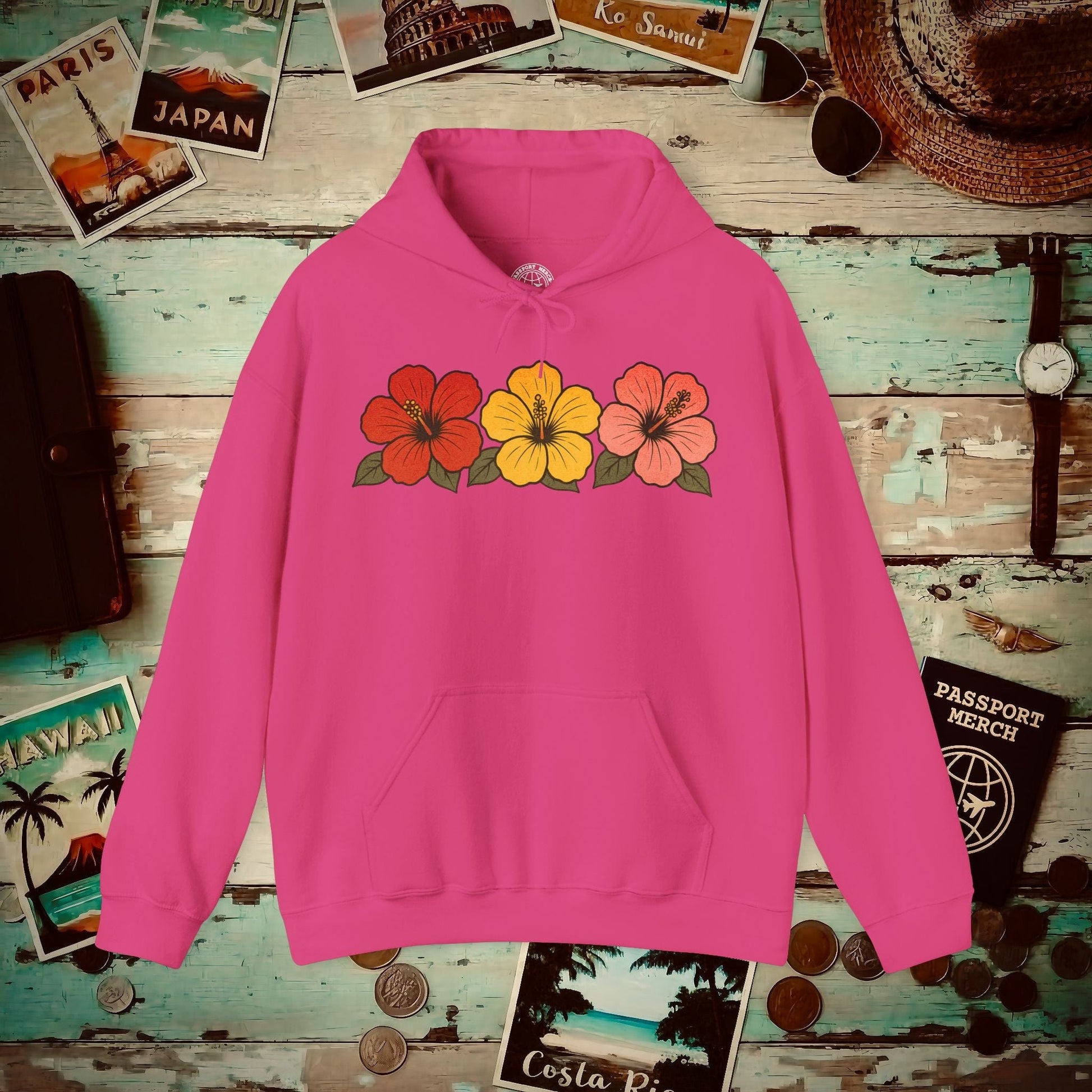 Three Vintage Hibiscus, Hawaii Hoodie Heliconia / S