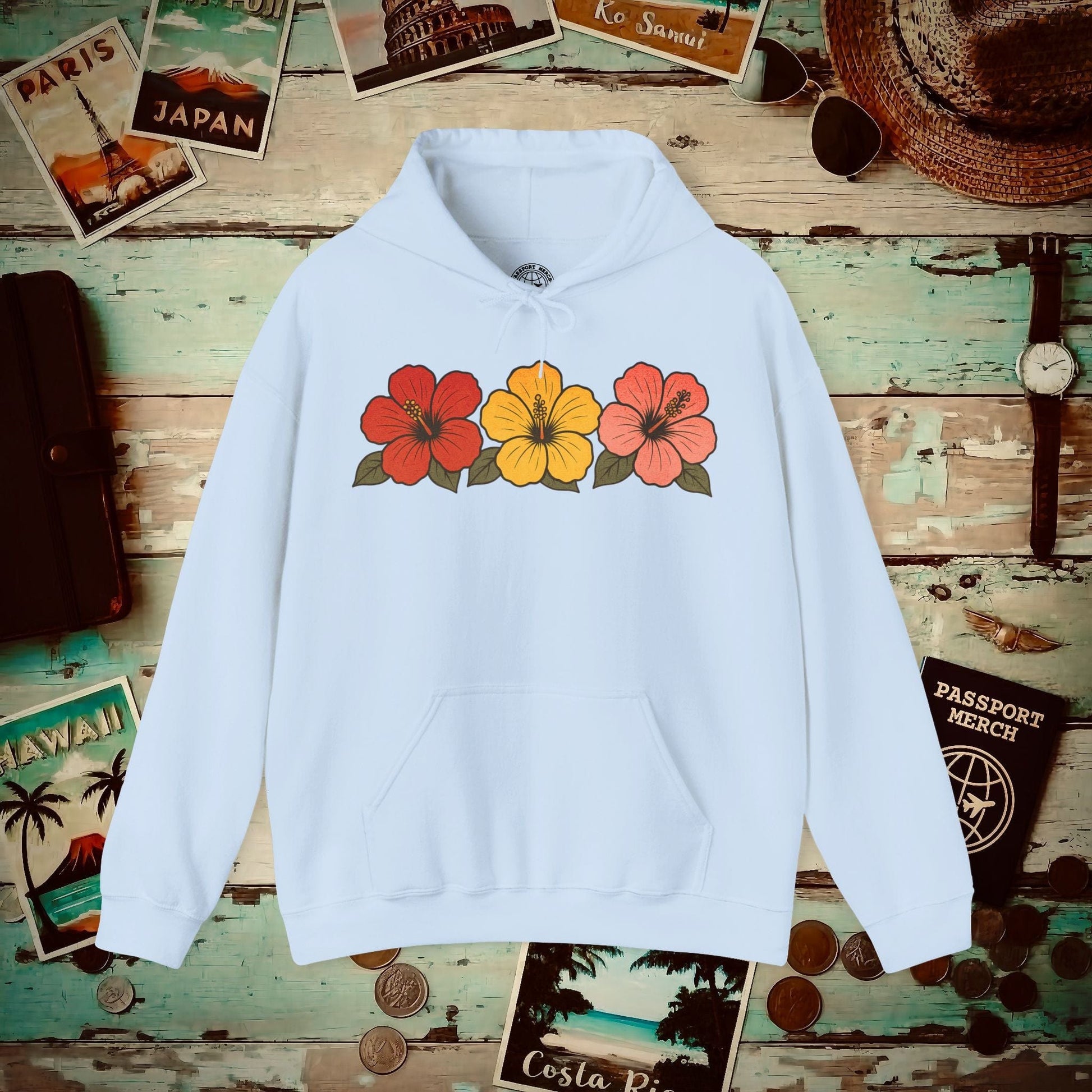 Three Vintage Hibiscus, Hawaii Hoodie Light Blue / S