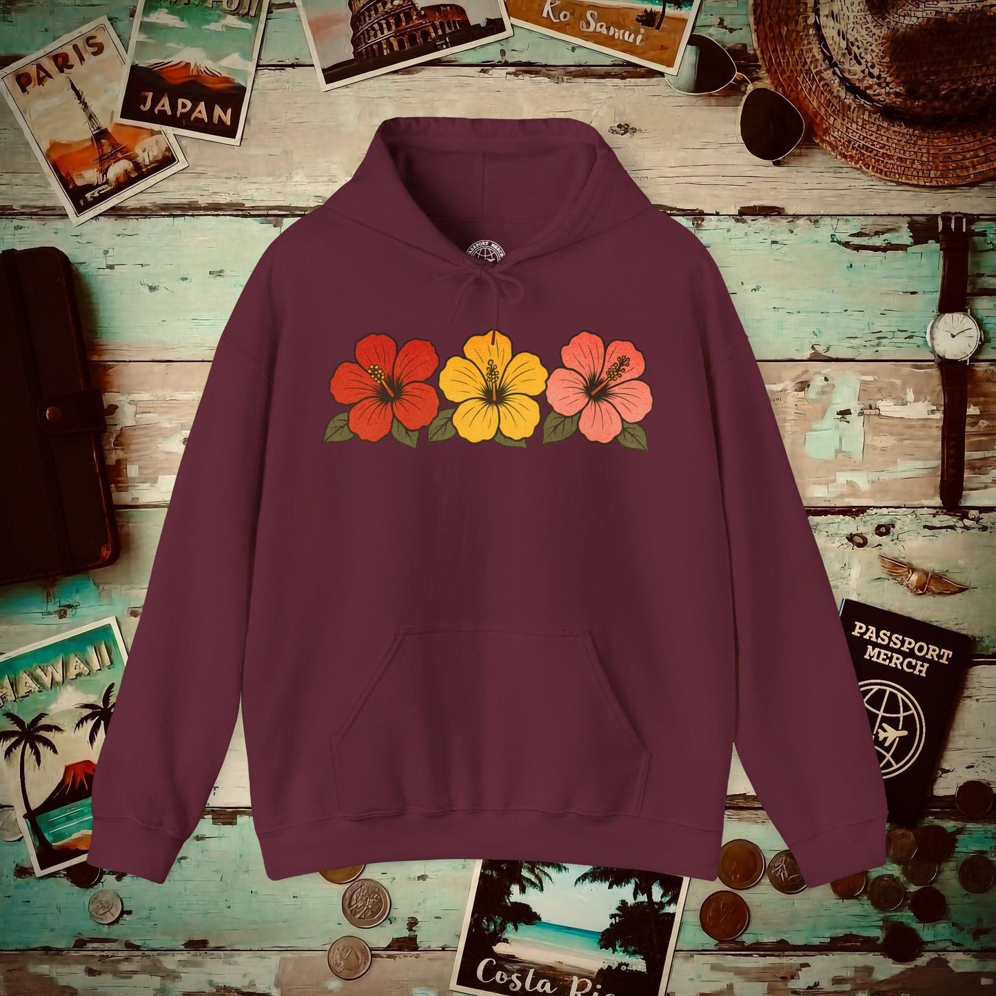 Three Vintage Hibiscus, Hawaii Hoodie Maroon / S
