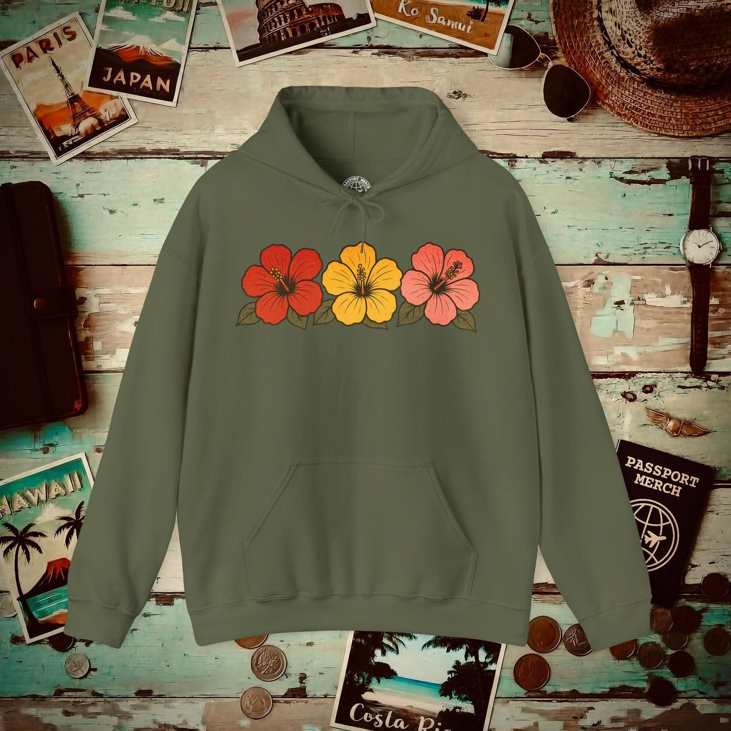 Three Vintage Hibiscus, Hawaii Hoodie Military Green / S
