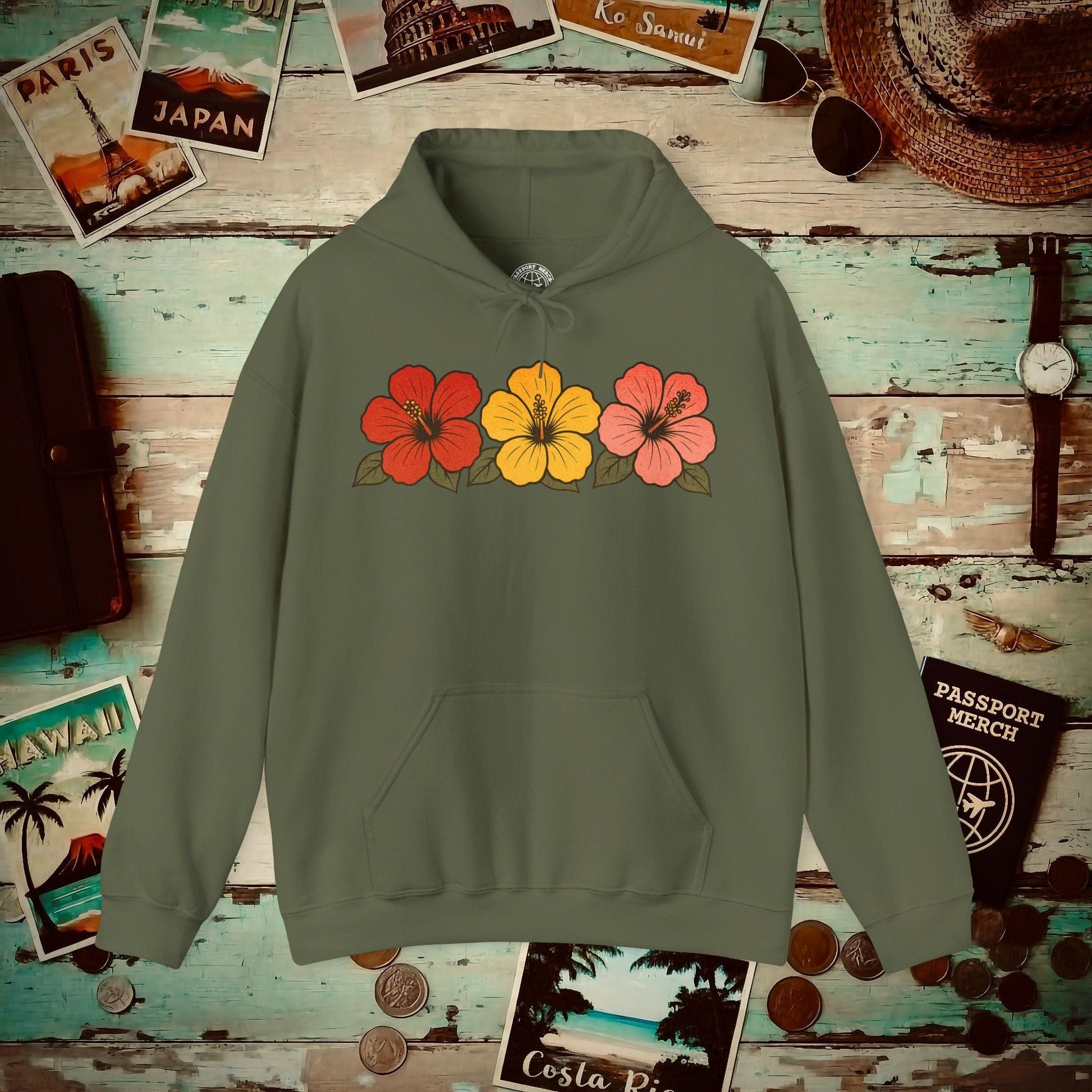 Three Vintage Hibiscus, Hawaii Hoodie Military Green / S