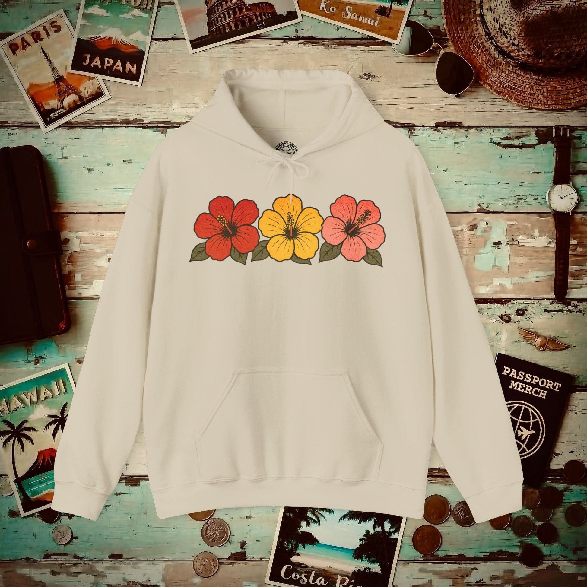 Three Vintage Hibiscus, Hawaii Hoodie Sand / S