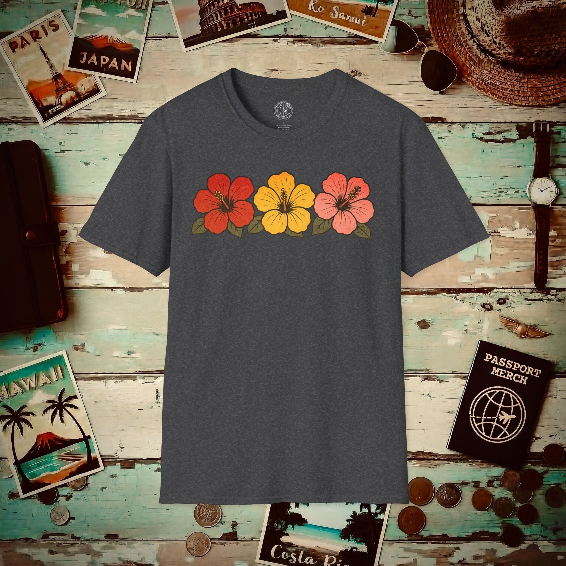 Three Vintage Hibiscus, Hawaii T-Shirt Dark Heather / S