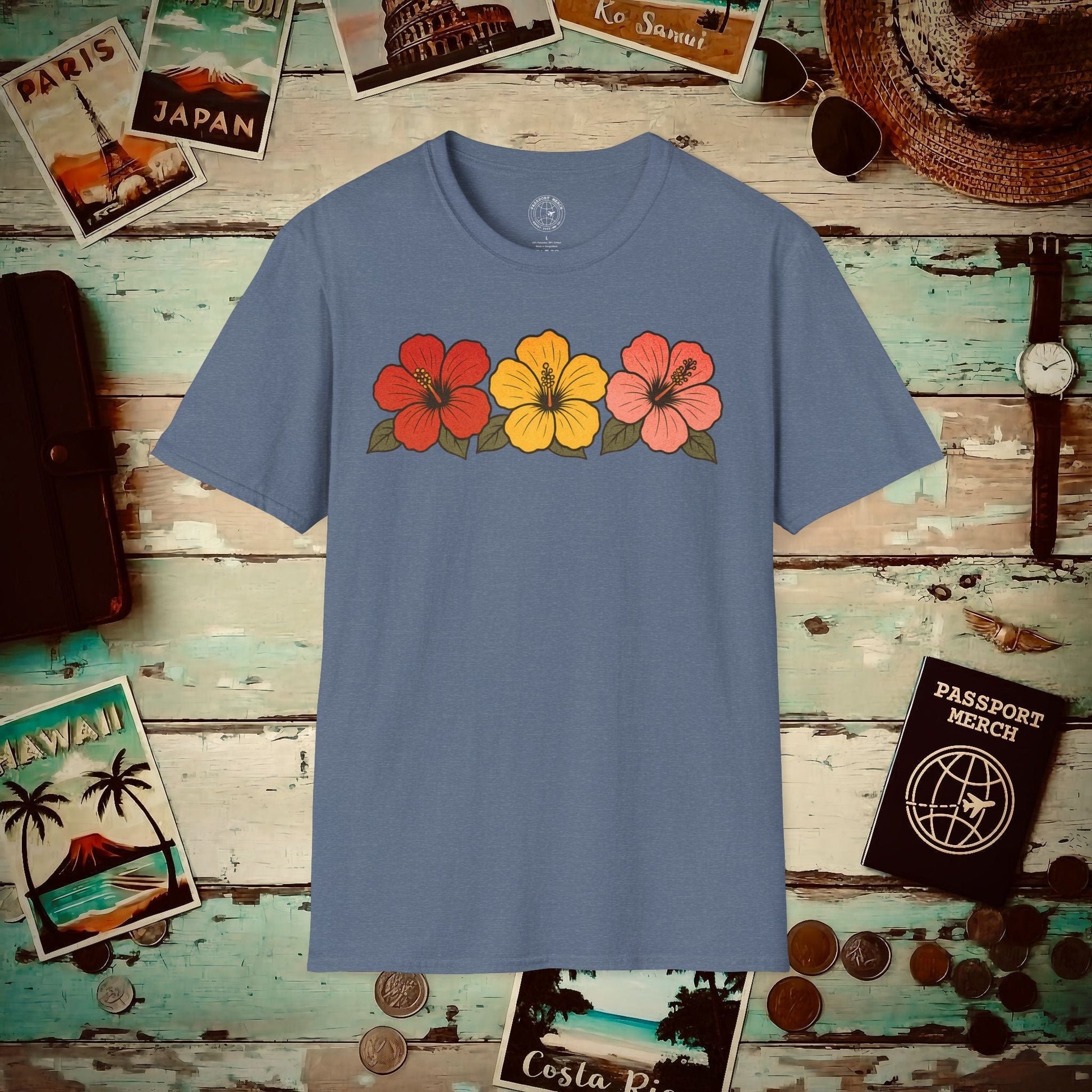 Three Vintage Hibiscus, Hawaii T-Shirt Heather Indigo / S