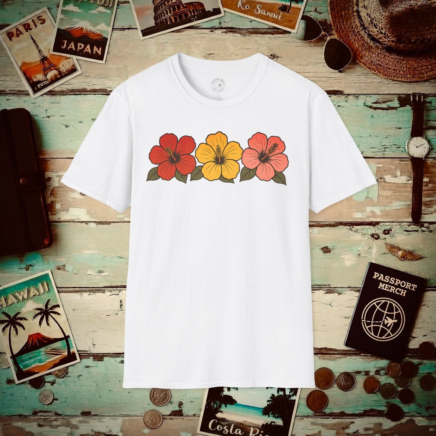 Three Vintage Hibiscus, Hawaii T-Shirt White / S