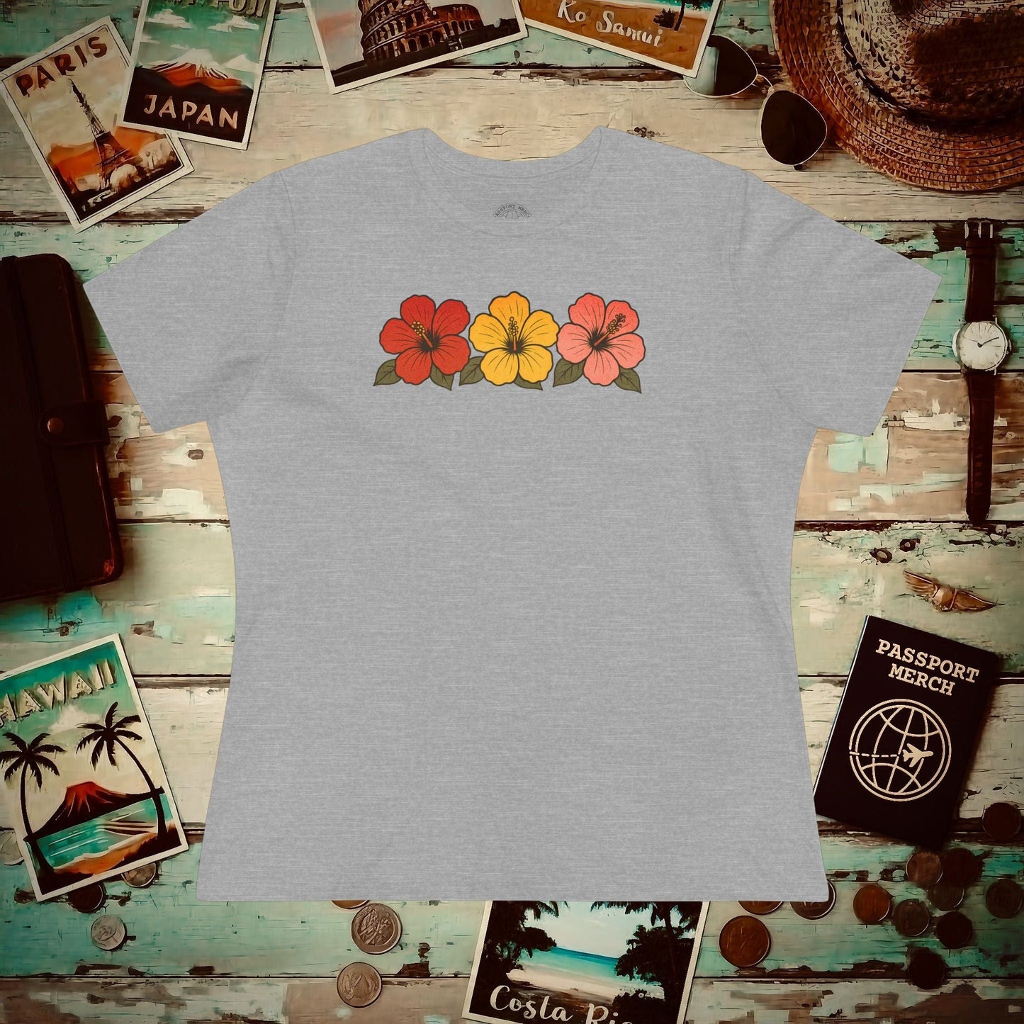 Three Vintage Hibiscus, Hawaii, Womens Fit T-Shirt Athletic Heather / S