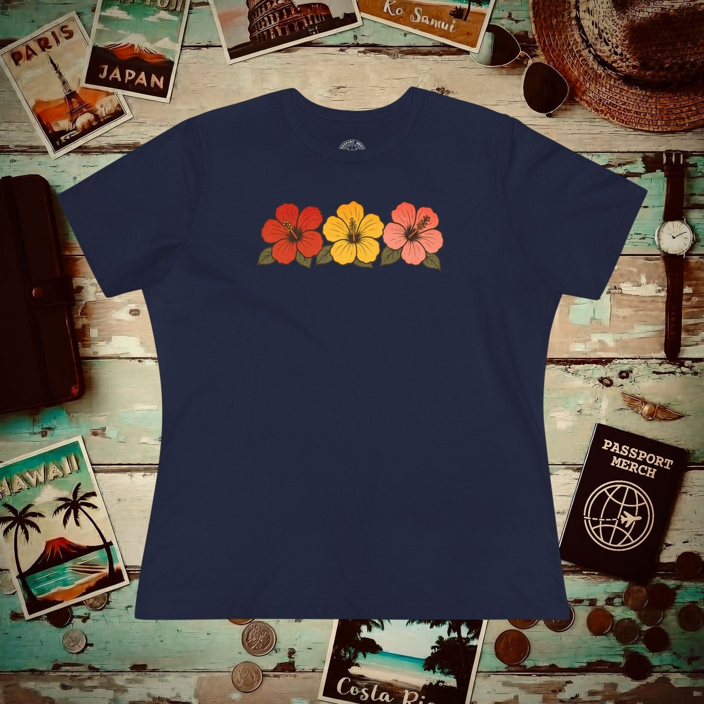 Three Vintage Hibiscus, Hawaii, Womens Fit T-Shirt Navy / S