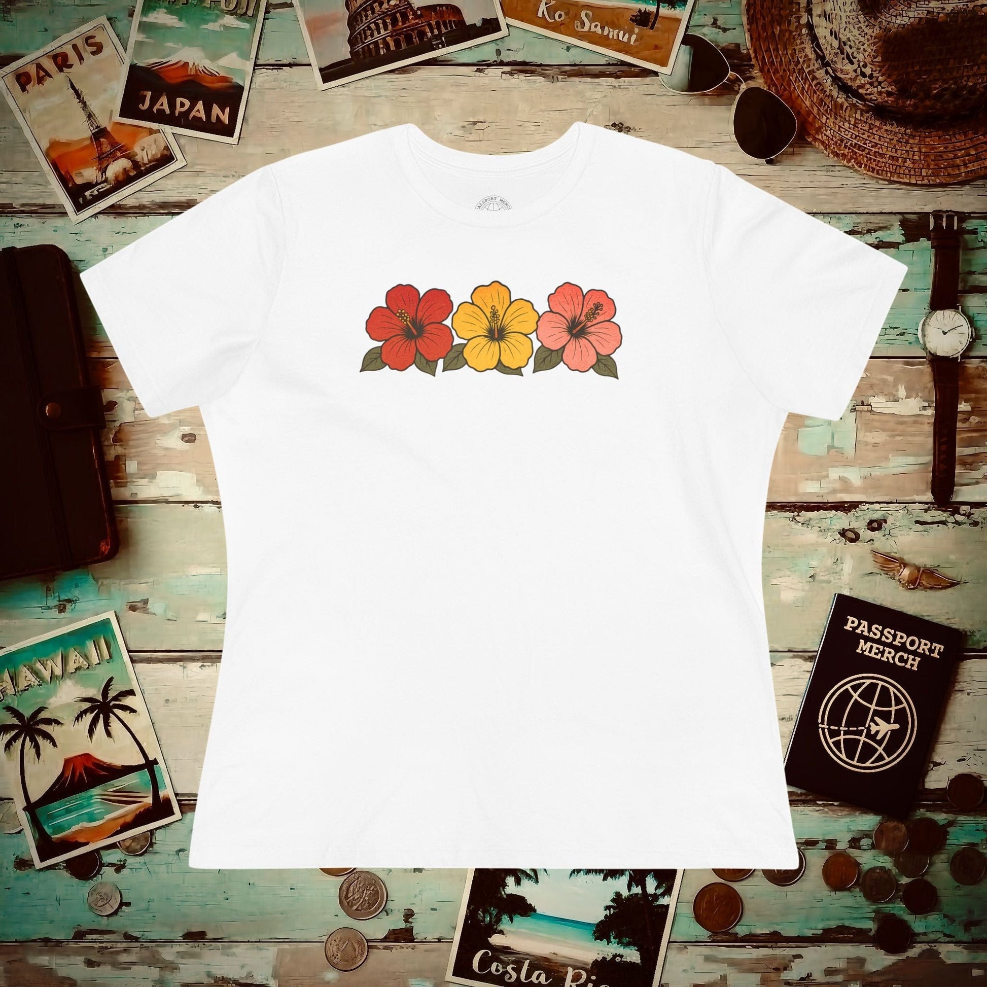 Three Vintage Hibiscus, Hawaii, Womens Fit T-Shirt White / S