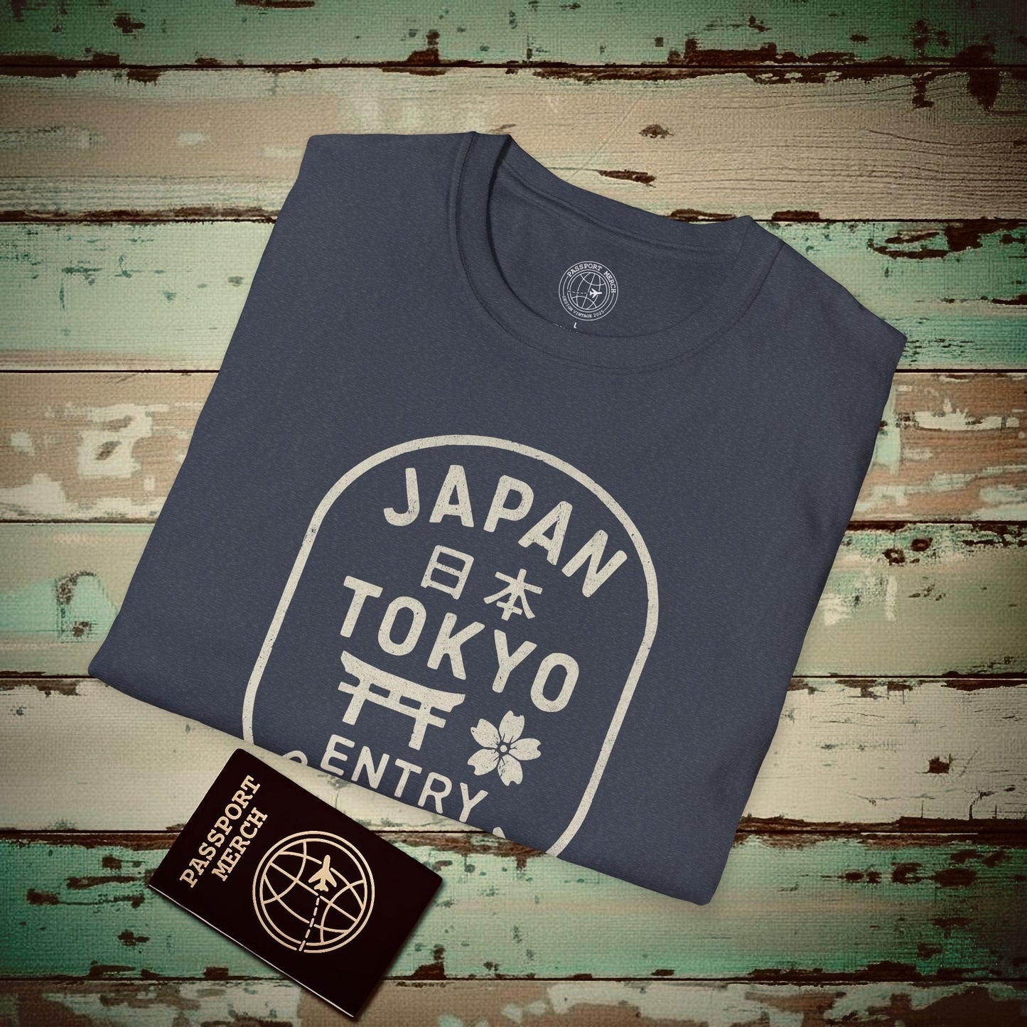 Tokyo, Japan - Vintage Passport Stamp T-Shirt Heather Navy / S